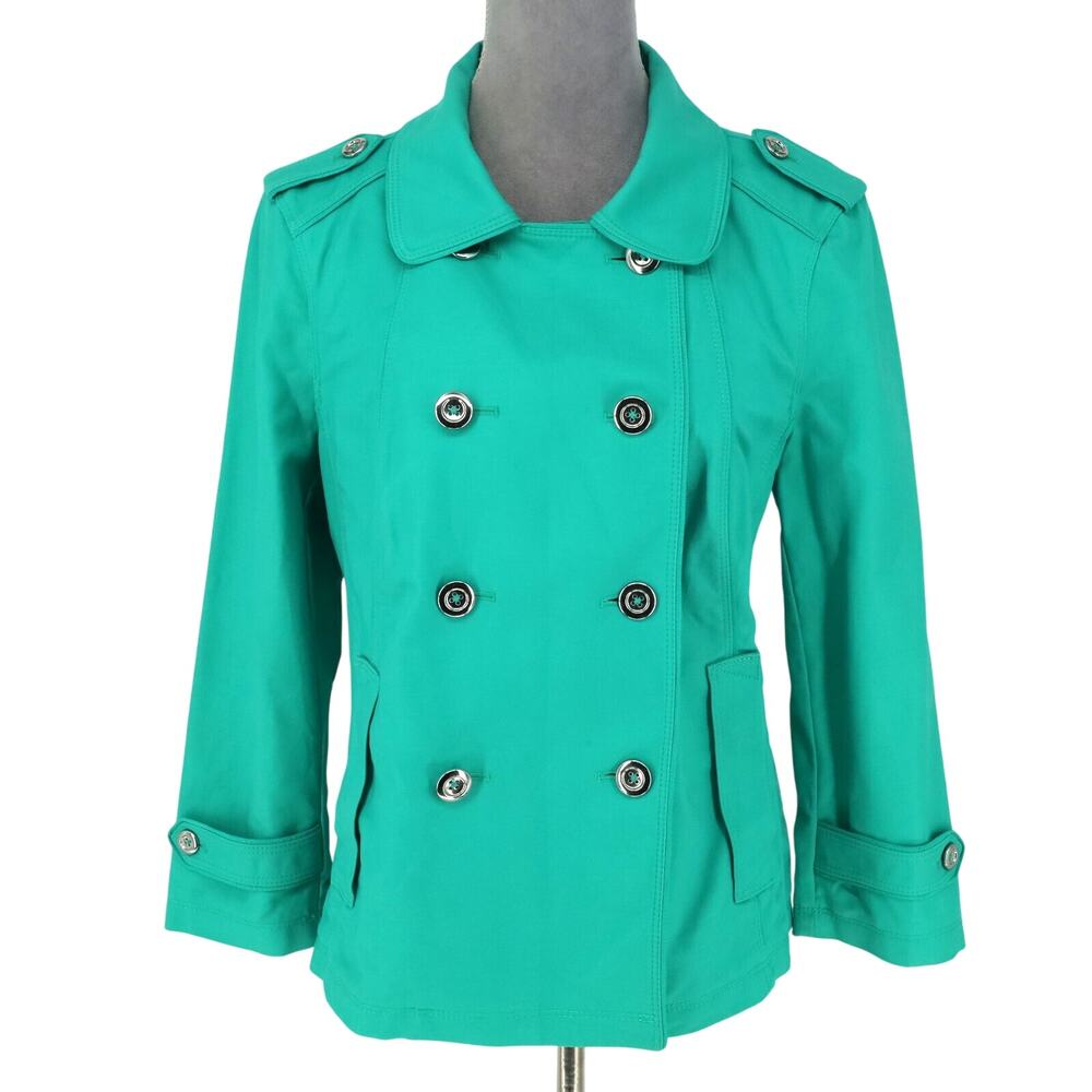 WHBM Jacket Womens 12 Green Stretch Cotton Twill Double Breasted Epaulettes